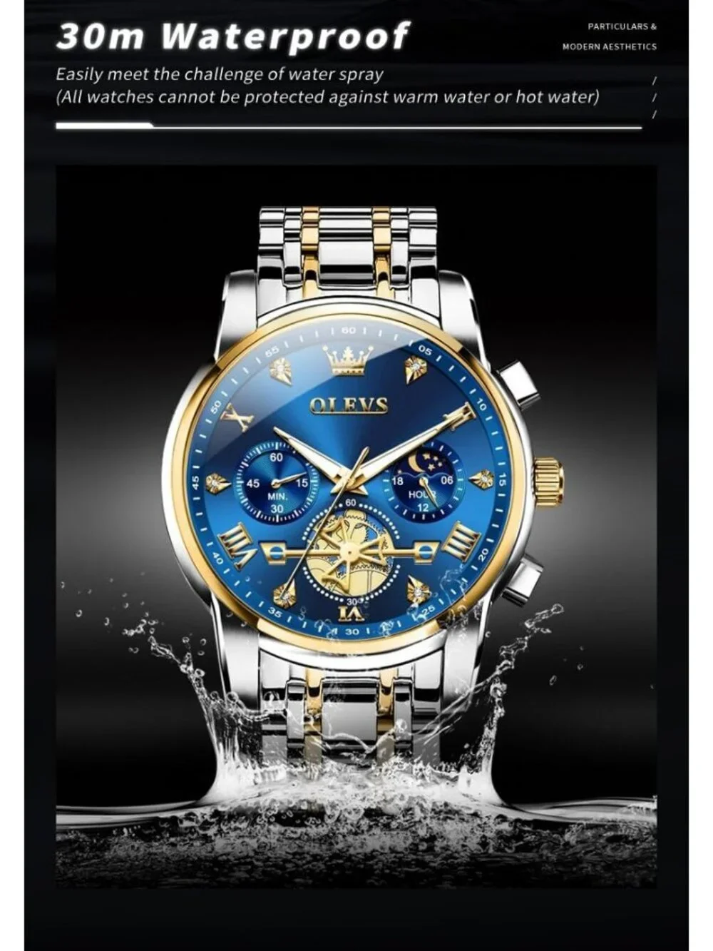 Mens Silver Blue Skeleton Stainless Steel Diamond And Calendar Chronograph Watch